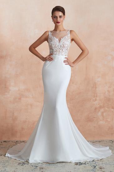 Carol | White Illusion neck Beach Column Wedding Dress with Court Train, Sexy Sleeveless High neck Beach Bridal Gowns_1