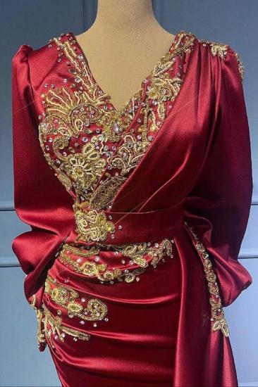 Elegant Long Red Evening Dress with Sleeves | V Neck Crystal Prom Dress_4