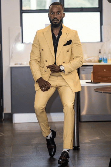 Yandel New Yellow Double Breasted Point Lapel Mens Suit_1