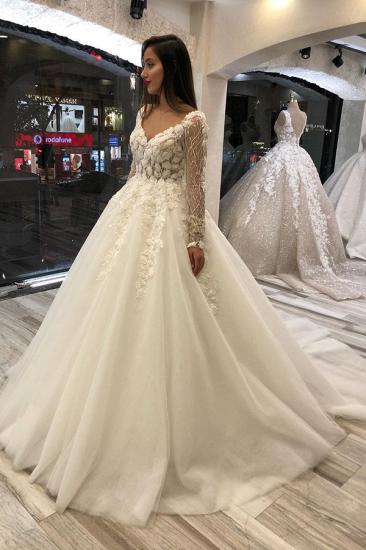 Elegant Ivory Long sleeves V-neck Leaves Lace Ball Gown Wedding Dresses