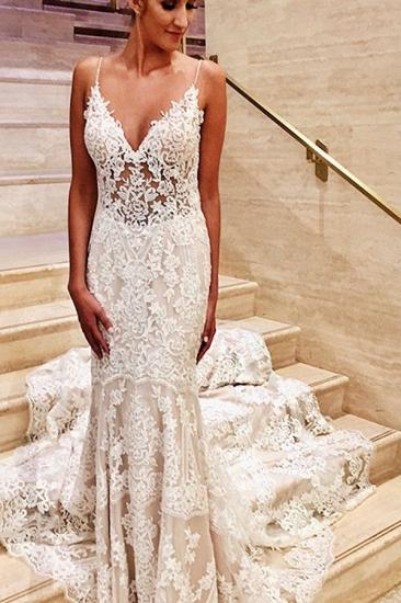Glamorous White V-Neck Lace Mermaid Slim Wedding Bridal Dress_2