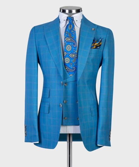 Blue Plaid Three Pieces Peaked Lapel Men Suits For Business_4