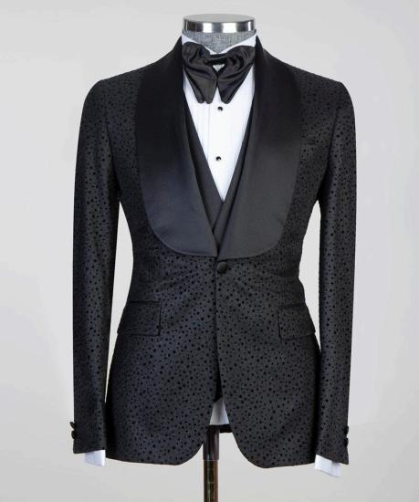 Modern Black Three Piece Shawl Lapel Mens Wedding Suit_4