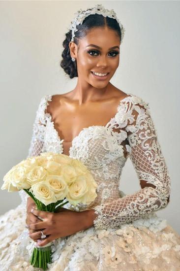 Gorgeous Beading Appliques Ball Gown Wedding Dress | Long Sleeve Floral Feather Bridal Gown_3