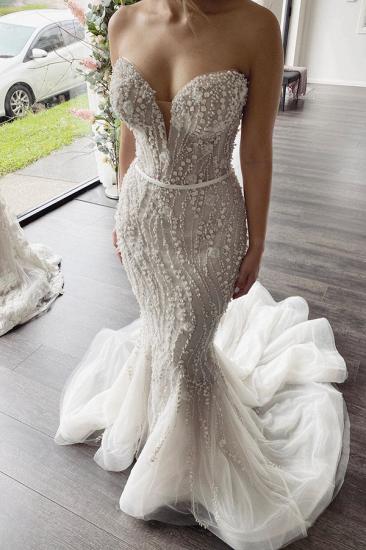 Unique Sweetheart Mermaid Lace Wedding Dresses with Long Overskirt_2