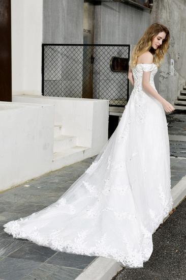 Elegant White Lace Off Shoulder Long Princess Wedding Dress with Beaded Lace Appliques_5