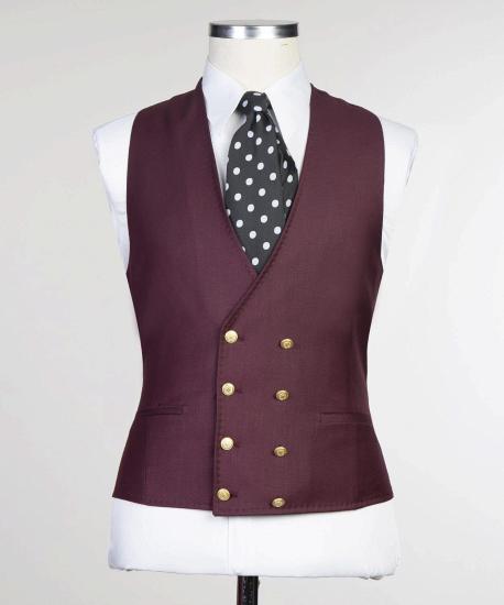 Fashion Burgundy Three Pieces Peaked Lapel Men Suits_2