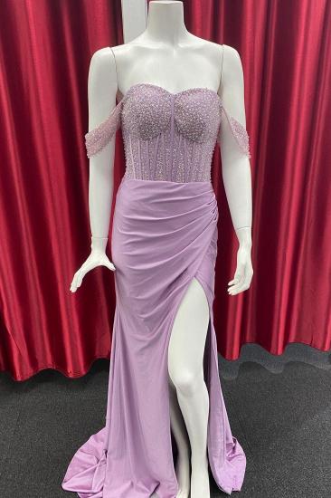 Off the shoulder Blue Satin High Split Prom Dresses_2