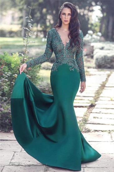 V-neck Long Sleeve Lace Sexy Evening Dress | Mermaid Dark Green Popular Prom Dress_1