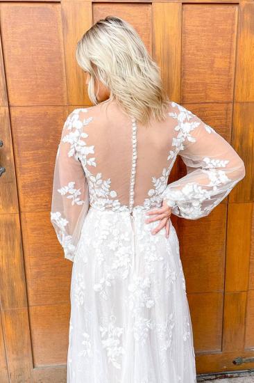 V-neck Tulle long sleeve Lace Wedding Dress_2