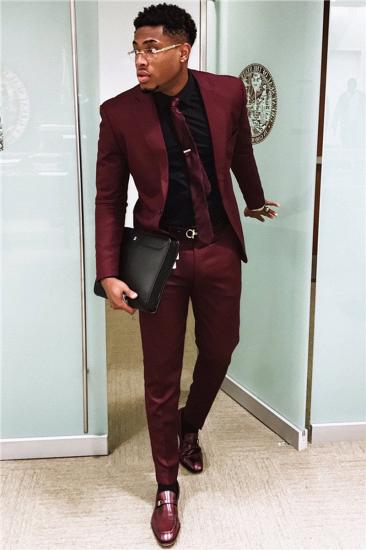 Handsome Burgundy Mens Business Suit | Slim Fit One Button Prom Outfit (Blazer Pants)