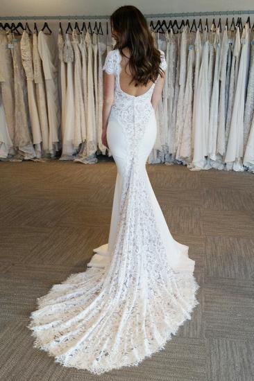 White V-Neck Lace Appliques Mermaid Bridal Gown| Backless Cap Sleeve Long Wedding Dress_2
