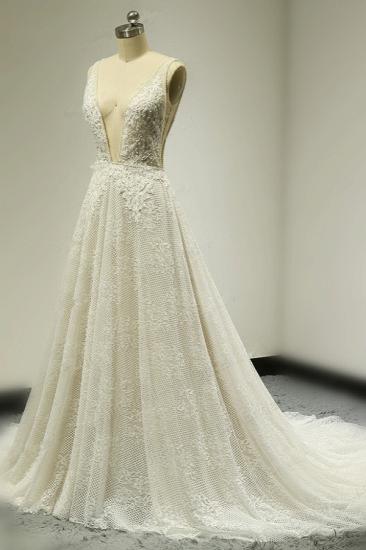 Bradyonlinewholesale Sexy Tulle Deep-V-Neck Lace Wedding Dress Sleeveless Appliques Pearls Bridal Gowns On Sale_3
