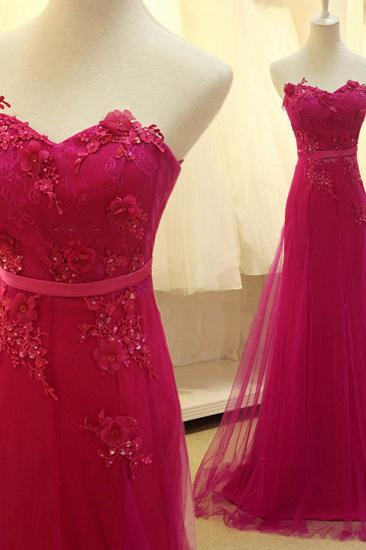 Elegant Sweetheart Applique Fushcia Tulle Dresses for Junior A Line BeautifuL Long Custom Prom Dresses with Flowers_3