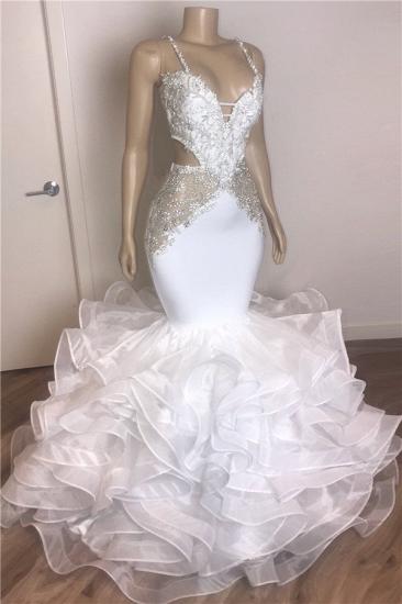 Spaghetti Straps Mermaid Ruffles White Prom Dresses Cheap | Sleeveless Open Back Tiered Tulle Sexy Evening Gowns_1