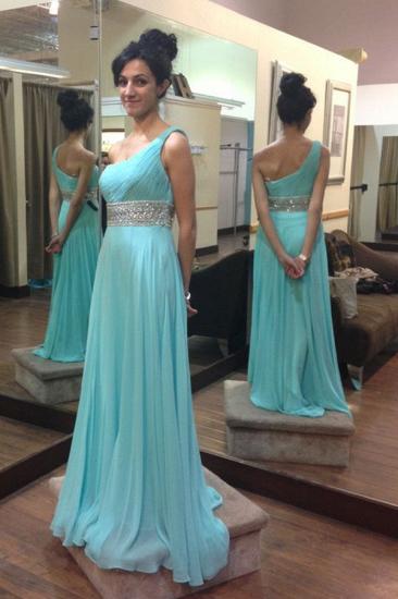 Elegant One Shoulder Crystal Long Prom Dress with Beadings Latest Ruffles Chiffon Party Gowns
