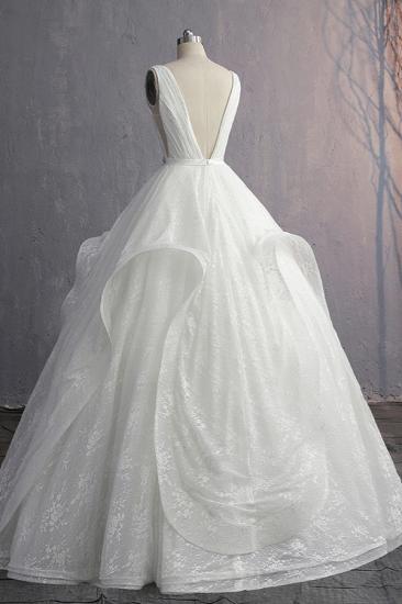Bradyonlinewholesale Unique V-Neck Ruffles Lace White Wedding Dress Appliques Sleeveless Bridal Gowns with Beadings On Sale_5