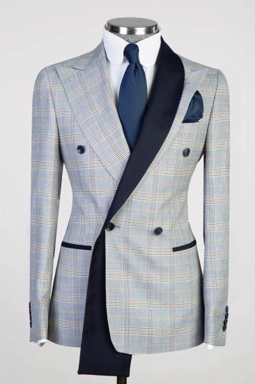 Stewart Light Blue Peaked Lapel Double Breasted Plaid Prom Suits_1
