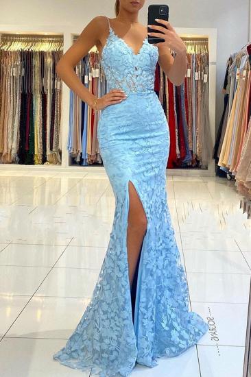 V-neck Sky Blue High Split Special Lace Design Evening Dress_3