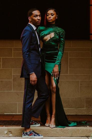 Sexy Dark Green Appliques Side Split Prom Dress Long SLeeve_1