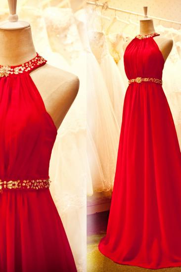 Sexy Bright Red Chiffon Halter Prom Dresses with Crystal Sash Long Train Ruffles Custom Made Evening Gowns CJ0146_2