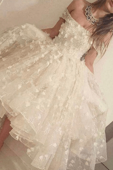 Romantic Off The Shoulder Wedding Dresses 3D Floral Appliques Hi-Lo Prom Dresses