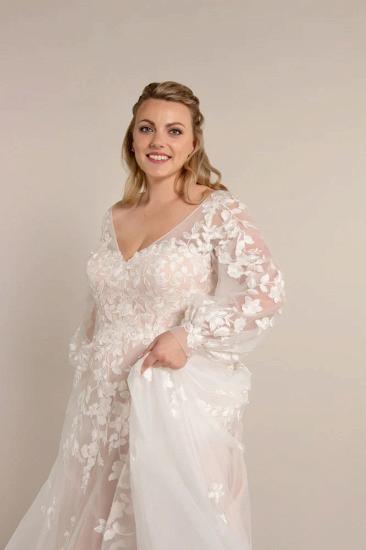Long Sleeve V Neck A-Line Lace Appliquéd Plus Size Wedding Dress_5