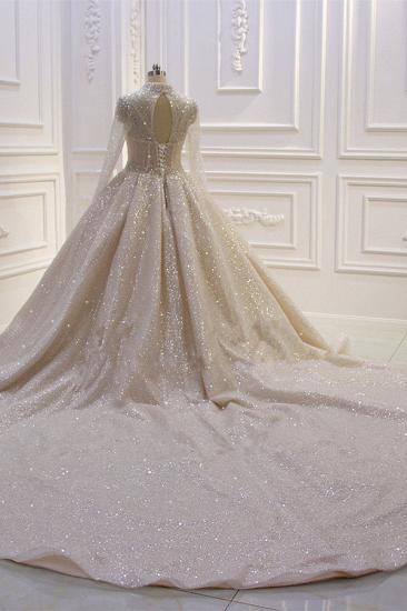 Shiny Sequined Long sleeves Pleats Champange Wedding Dress_2