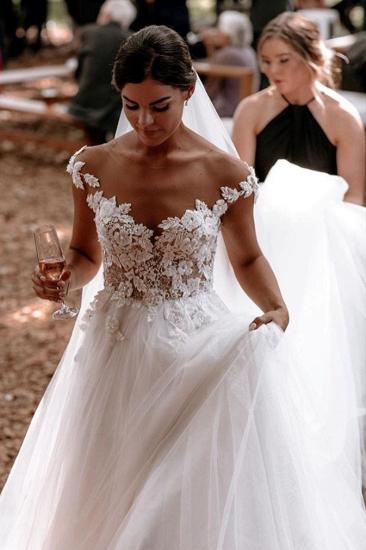 Elegant Cap Sleeve Tulle Lace Simple Wedding Dress White Floor Length Garden Bridal Gown_1