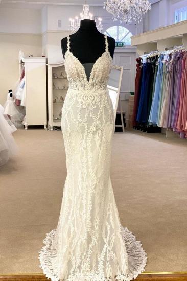 V-Neck Strap Slim Floral Tulle Floor Length Wedding Bridal Dress_2