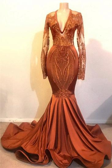 Cheap Dust Orange Mermaid Prom Dresses with Sleeves | V-neck Lace Appliques Real Evening Dress Online