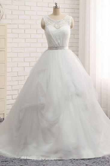 Bradyonlinewholesale Affordable Jewel Sleeveless Lace Wedding Dresses A line Tulle Bridal Gowns On Sale