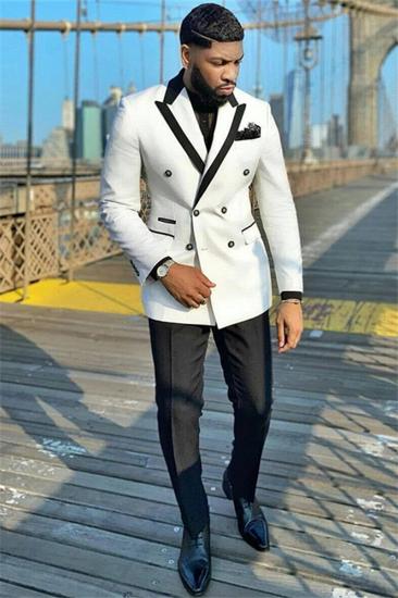 New White Double Breasted Point Lapel Fashion Wedding Suit_1