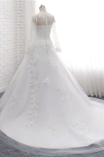 Bradyonlinewholesale Modest Jewel White Tulle Lace Wedding Dress Long Sleeves Appliques A-Line Bridal Gowns On Sale_4