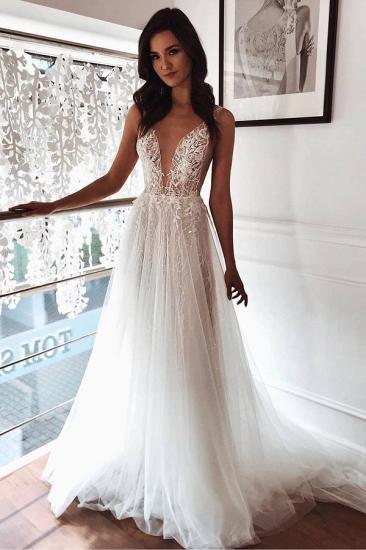 Chic Tulle A-line Ivory Lace V-neck Summer Beach Wedding Dress