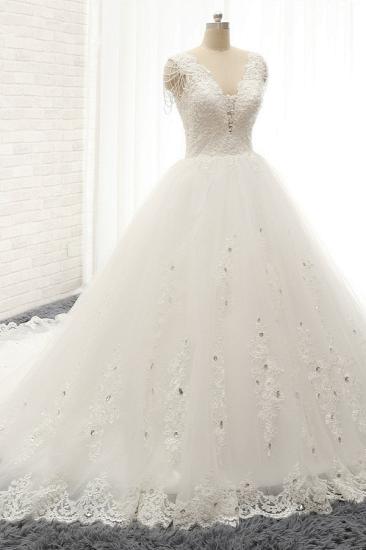 Bradyonlinewholesale Glamorous V neck Straps White Wedding Dresses With Appliques A line Sleeveless Tulle Bridal Gowns Online