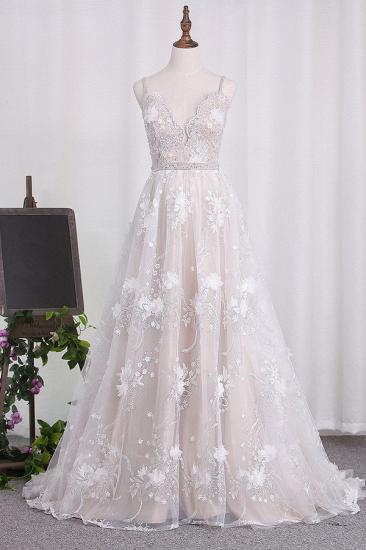 Bradyonlinewholesale Sexy Spaghetti Straps Tulle Wedding Dress Backless Lace Beadings Bridal Gowns with Flowers_1