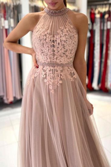 Stunning Halter Lace Appliques Tulle Aline Evening Maxi Dress_1