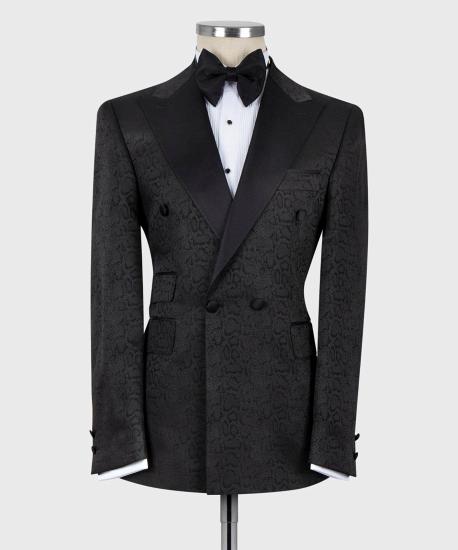 Black Jacquard Point Collar Double Breasted Men's Suit_3