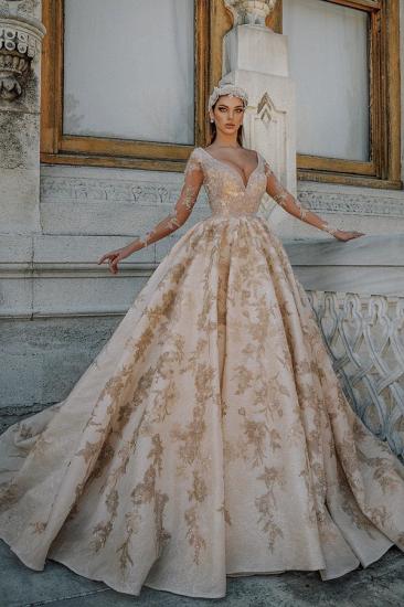 Luxury Long sleeves V-neck Ball Gown Lace Wedding Dresses_2