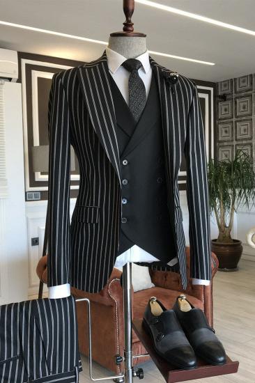 Levi Fashion Black and White Striped Three Piece Point Lapel Mens Suit_2
