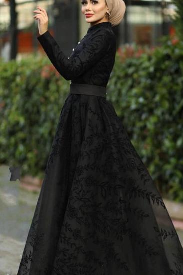 Long Sleeves Black Lace Evening Swing Dress A-line High Neck_4