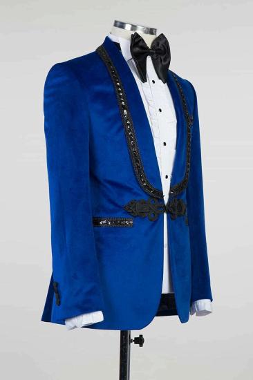 Pai Royal Blue Velvet Knitted Button Black Chains Prom Suit_3