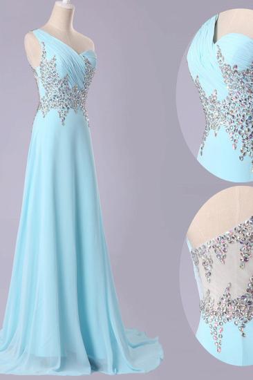 Light Blue Chiffon Prom Dresses with Crystals One  Shoulder Sheer Back Popular Evening Dresses_2