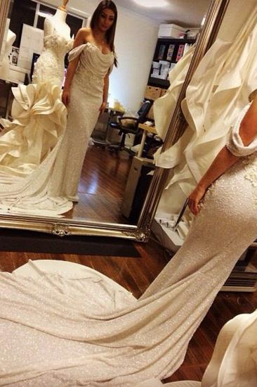 Off Shoulder Mermaid Prom Dress Sequins White Long Evening Dress with Flowers_3