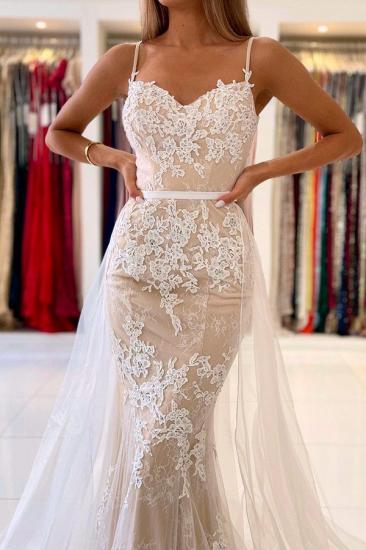Stunning Spaghetti Straps Sweetheart Lace Mermaid Evening Dress with Tulle Detachable Train_5