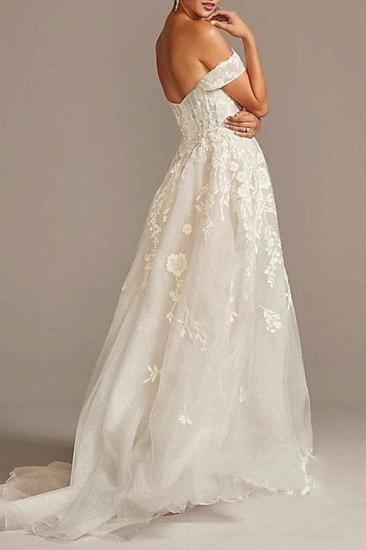 A-Line Wedding Dresses Off Shoulder  Tulle Short Sleeve Sweep Train Lace Illusion_2