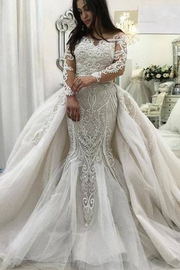 Gorgeous Long Sleeve Lace Mermaid Bridal Gowns Detachable Train | Ruffles Wedding Gowns_1