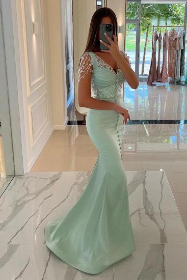 Stunning Mint Green Satin Mermaid Prom Dress Front Split Sweetheart Sequins Rhinestone_3