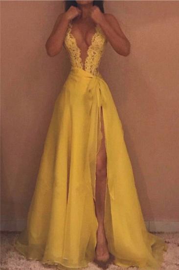 Deep V-neck Sexy Yellow Evening Dresses | Side Slit Lace Sleeveless Cheap Prom Dresses